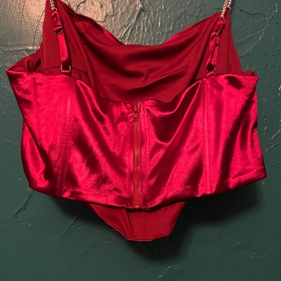 Red shiny corset with rhinestone straps and back zipper. - Picture 3 of 6